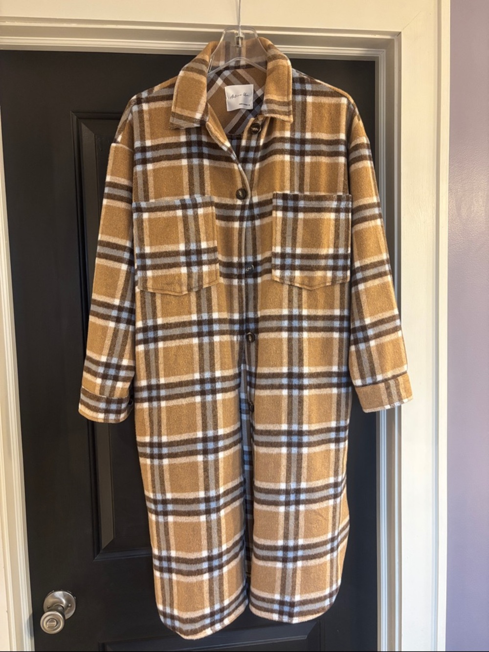 Active USA Camel and White Plaid Button Shacket